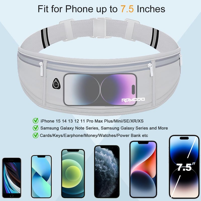 RDMODO Water Resistant Fanny Pack，Slim Running Belt for Women Men，Waist Bag Running Phone Holder with 3 Zipper Pockets for iPhone 16 15 14 13 Samsung，Reflective Running Pouch for Walking Cycling Grey - Image 4